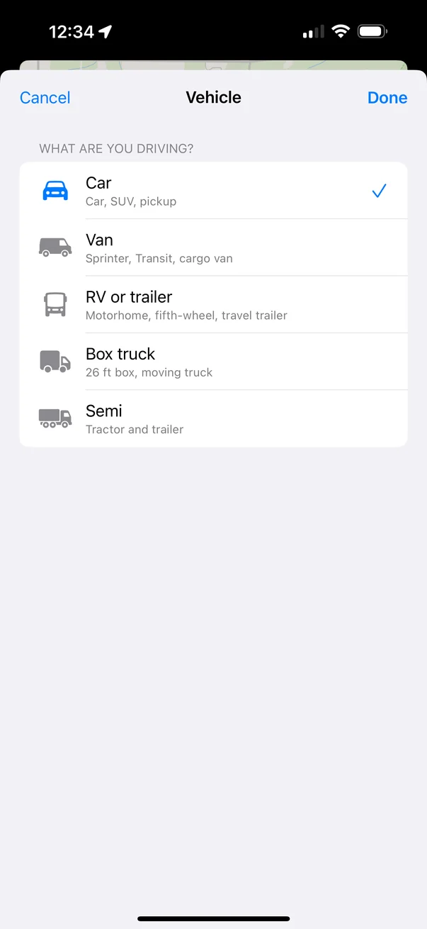 PlainWay's vehicle screen, asking whether you are driving a car, van, RV or trailer, box truck or semi