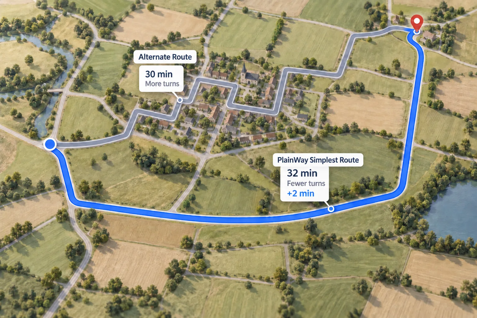 A map with two routes to the same place: an alternate route zigzagging through a village, 30 minutes with more turns, and PlainWay's simplest route around it, 32 minutes with fewer turns, marked plus 2 minutes